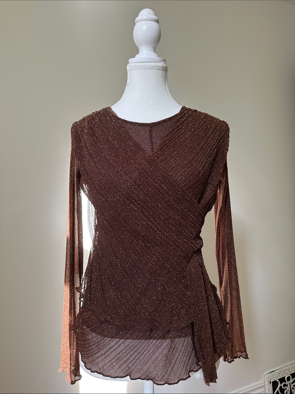 UNBRANDED Brown Sparkle Layered Sheer Faux Wrap Boho Whimsical Blouse Medium